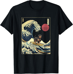 Rottweiler Japanese Kanagawa Wave Funny Surf Dog T-Shirt - T-Shirt | Black