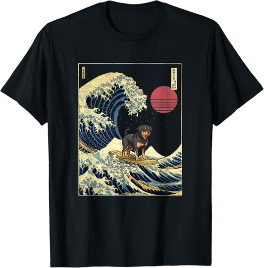 Rottweiler Japanese Kanagawa Wave Funny Surf Dog T-Shirt - T-Shirt | Black