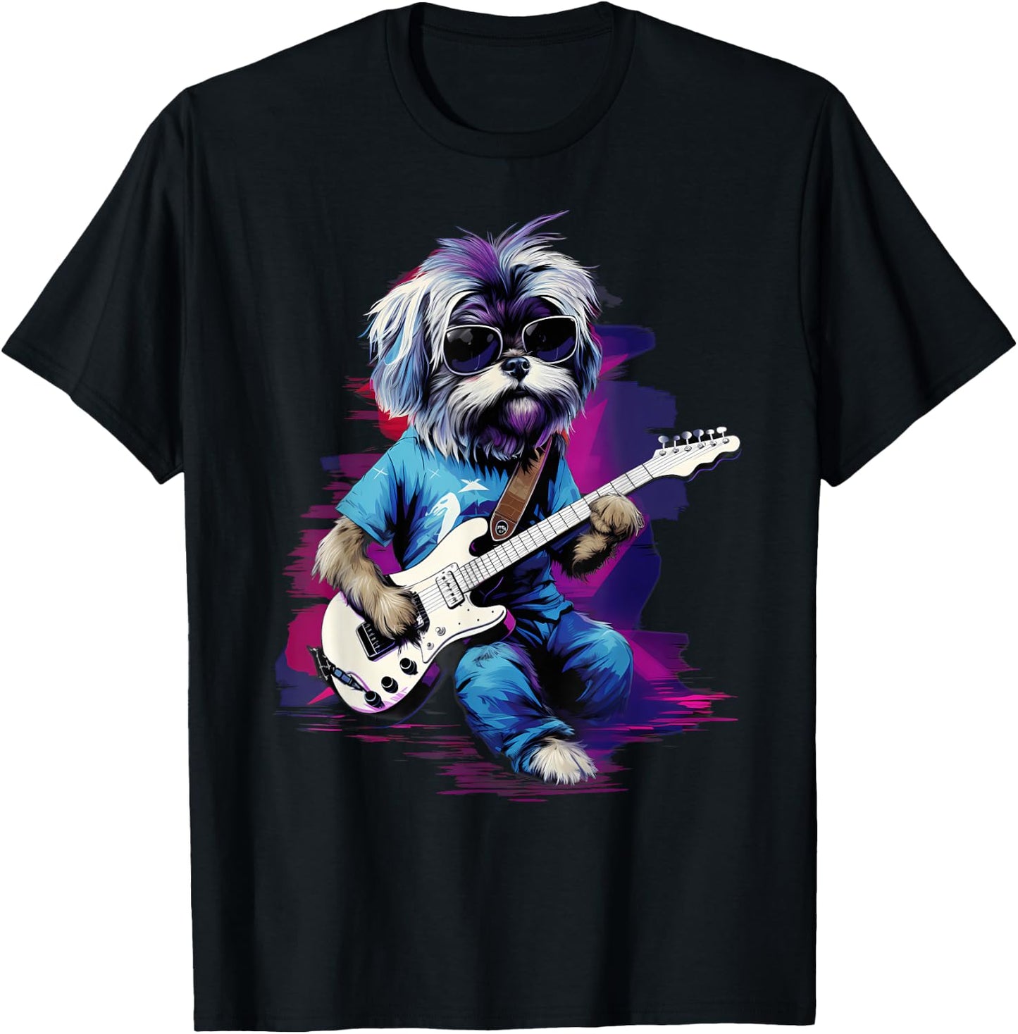 Punk Rock Guitar Shih Tzu Dog Guitarist Men Women Kids T-Shirt - T-Shirt | Black