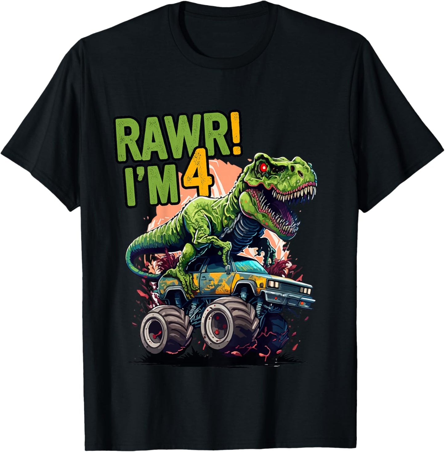 Kids Rawr I'm 4 T Rex 4th birthday Boys Dinosaur Monster Truck T-Shirt - T-Shirt | Black