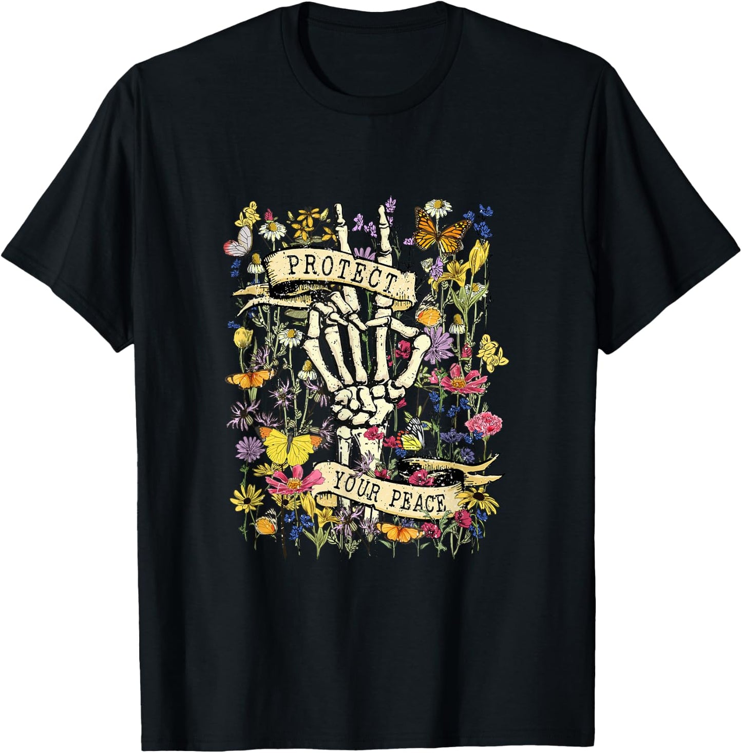 Protect Your Peace Retro Wildflower Mental Health Awareness T-Shirt - T-Shirt | Black