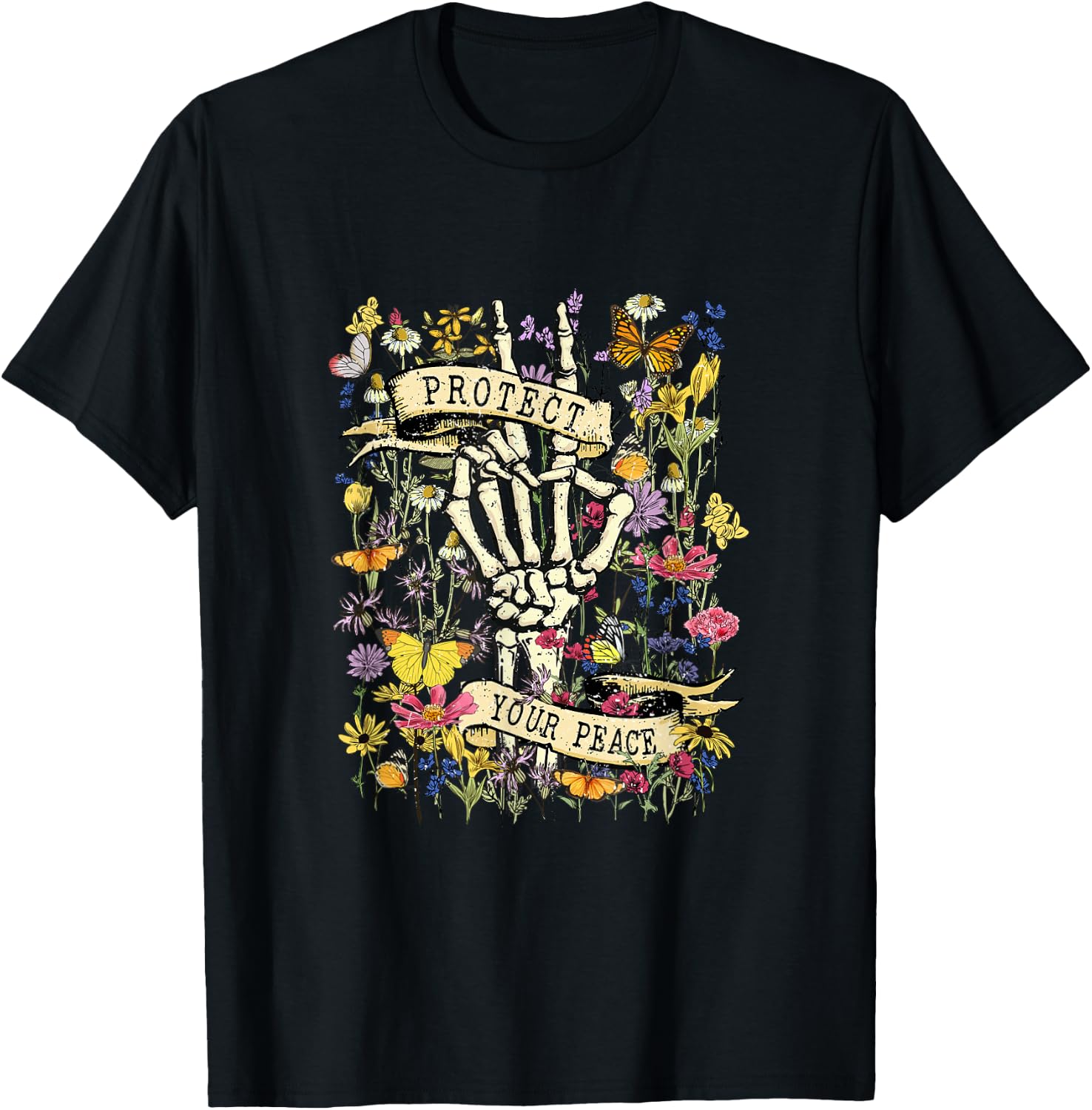 Protect Your Peace Retro Wildflower Mental Health Awareness T-Shirt - T-Shirt | Black