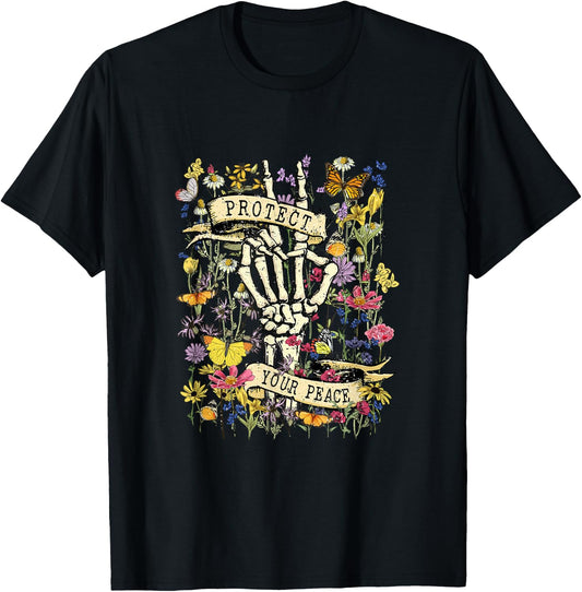 Protect Your Peace Retro Wildflower Mental Health Awareness T-Shirt - T-Shirt | Black