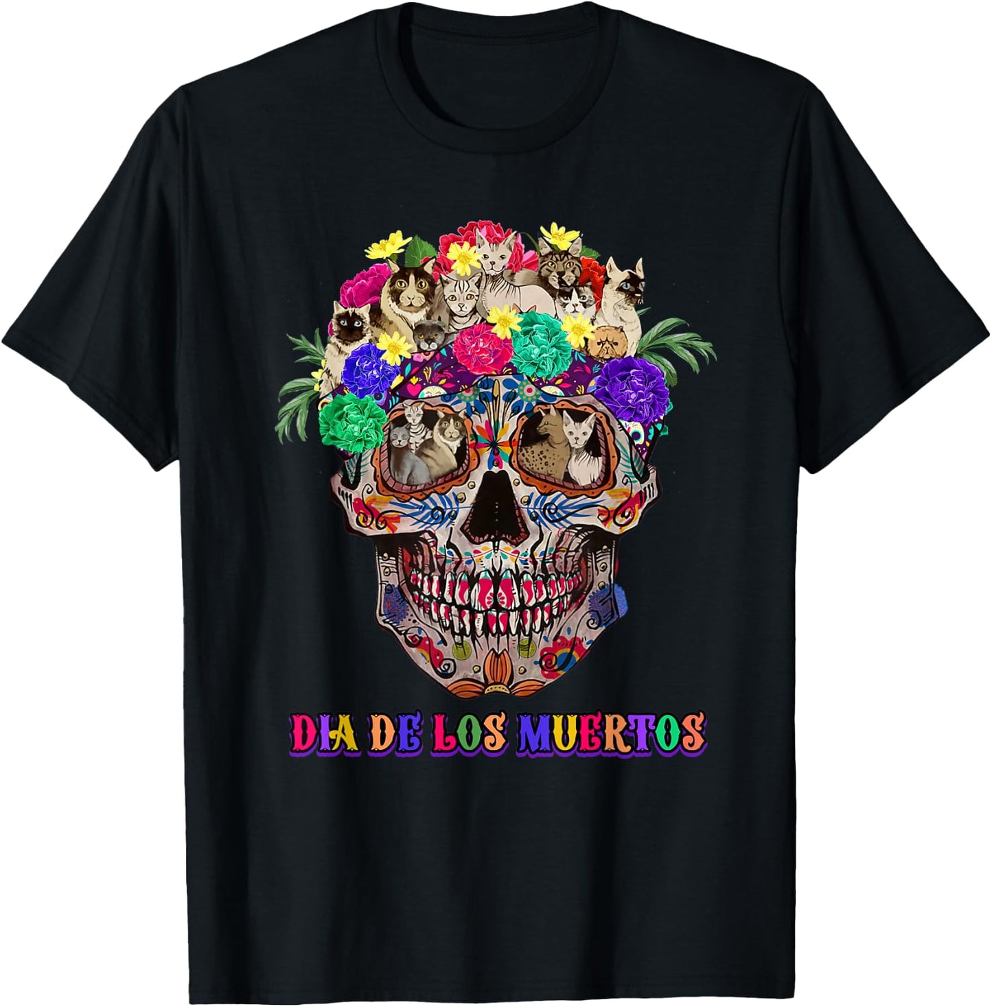 Dia De Los Muertos day of the-dead cat sugar skull T-Shirt - T-Shirt | Black