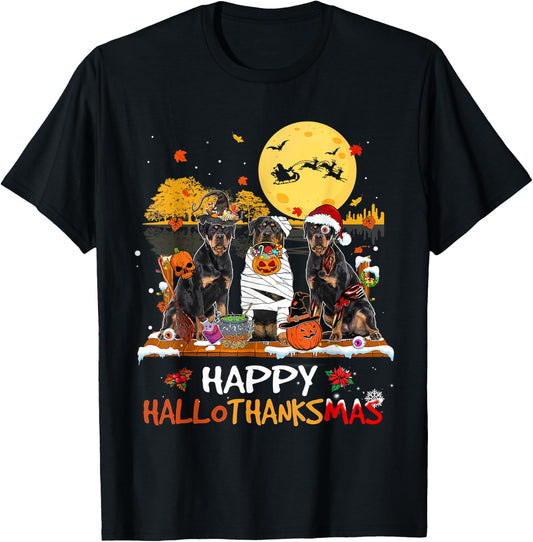 Rottweiler Happy Hallothanksmas Halloween Thanksgiving Xmas T-Shirt - T-Shirt | Black