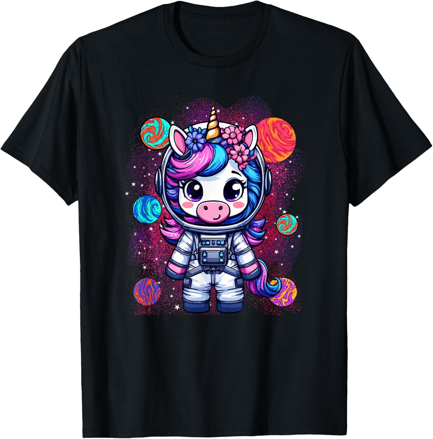 Unicorn Astronaut Cute Space Suit Galaxy Planet Girls T-Shirt - T-Shirt | Black