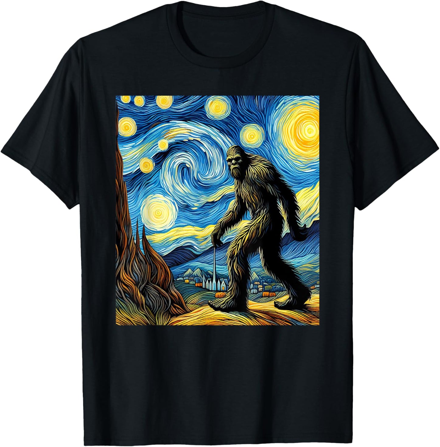Funny Bigfoot Starry Night Sasquatch Van Gogh Sky Painting T-Shirt - T-Shirt | Black