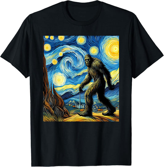 Funny Bigfoot Starry Night Sasquatch Van Gogh Sky Painting T-Shirt - T-Shirt | Black