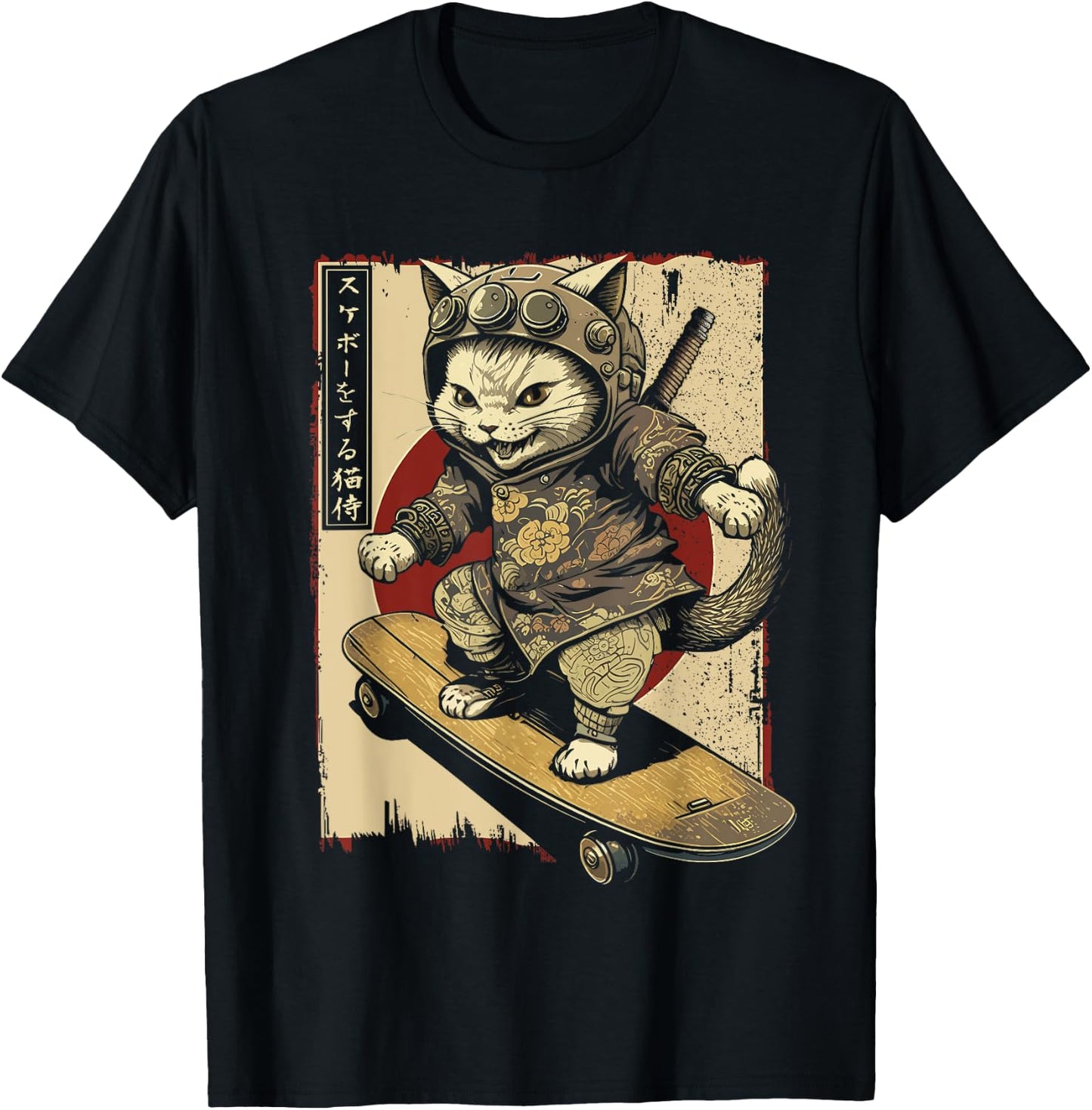 Japanese Skateboard Samurai Cat Tattoo Kawaii Ninja Cat Women T-Shirt - T-Shirt | Black