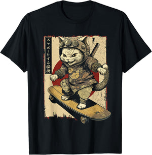 Japanese Skateboard Samurai Cat Tattoo Kawaii Ninja Cat Women T-Shirt - T-Shirt | Black