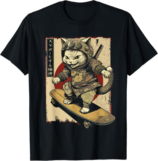 Japanese Skateboard Samurai Cat Tattoo Kawaii Ninja Cat Women T-Shirt - T-Shirt | Black