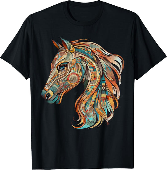 Horse Tribal Abstract Art Native American Geometric Horses T-Shirt - T-Shirt | Black