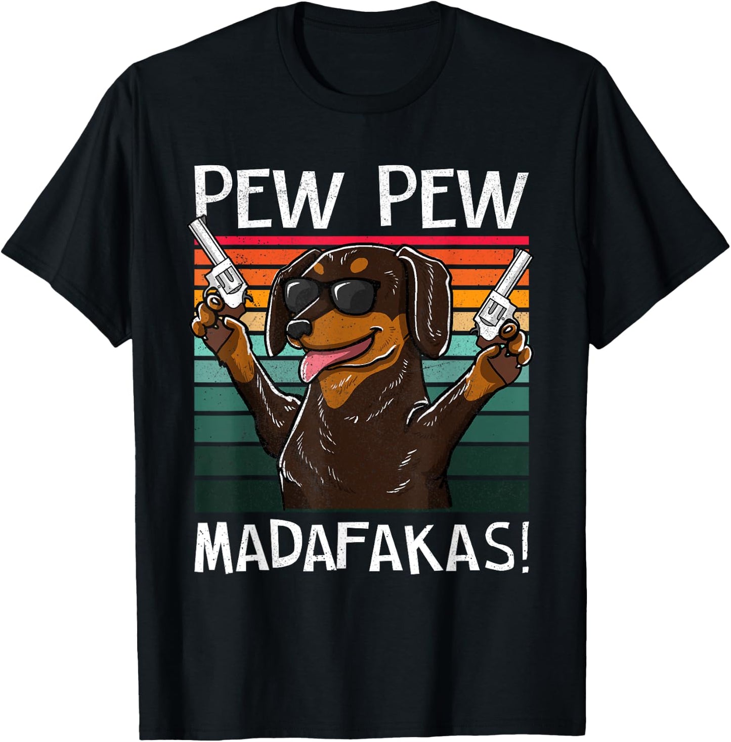 Dachshund Pew Pew Dog Vintage Retro Sunset Dogs Guns Nerd Men Women T-Shirt - T-Shirt | Black