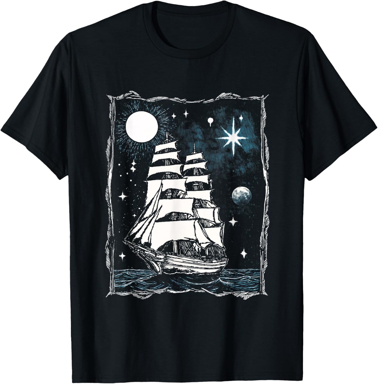 Vintage Nautical Tattoo Moon Clipper Ship T-Shirt - T-Shirt | Black