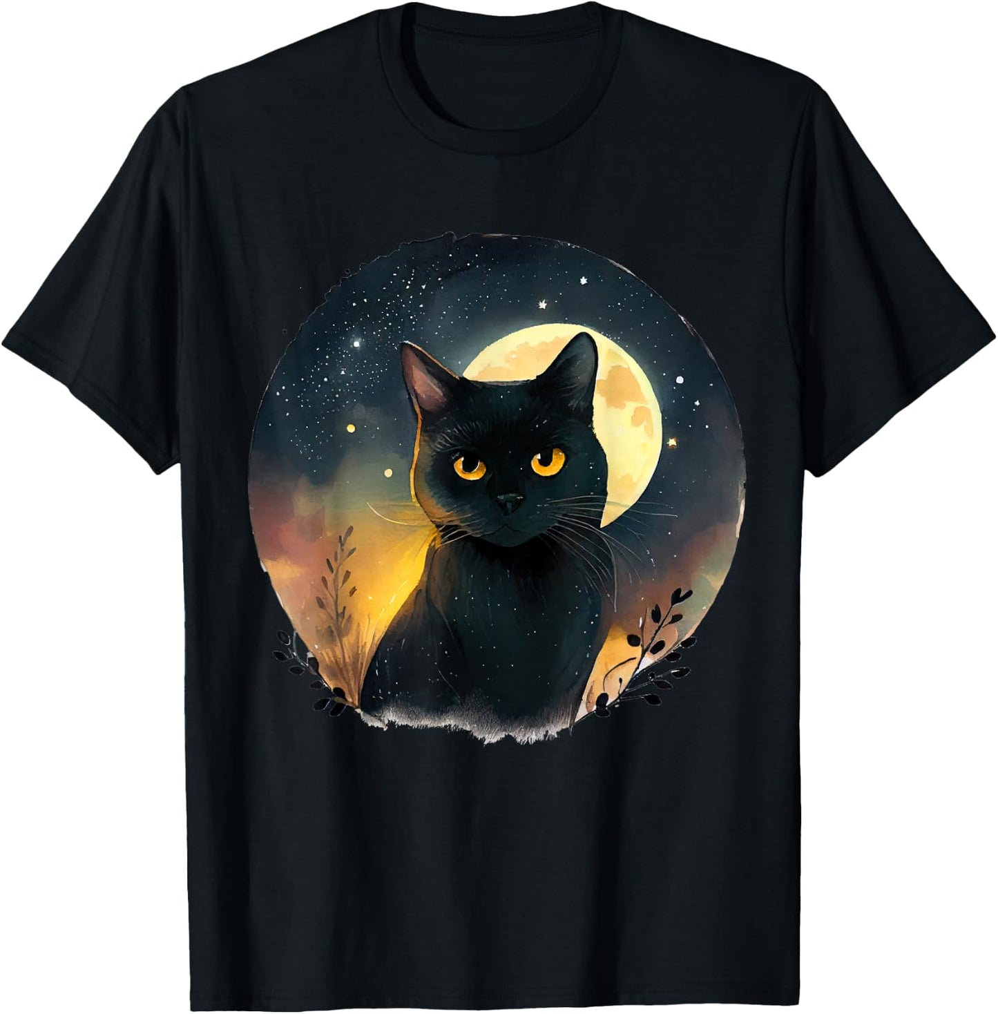 Cool Art Graphic Black Cat with Moon T-Shirt - T-Shirt | Black