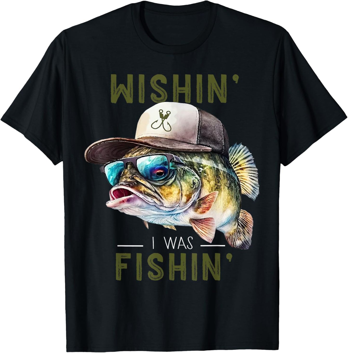 Wishin' Fishing Gift - Adults & Kids - Black - Short Sleeve - Fishing - Casual - - Size Small T-Shirt - T-Shirt | Black