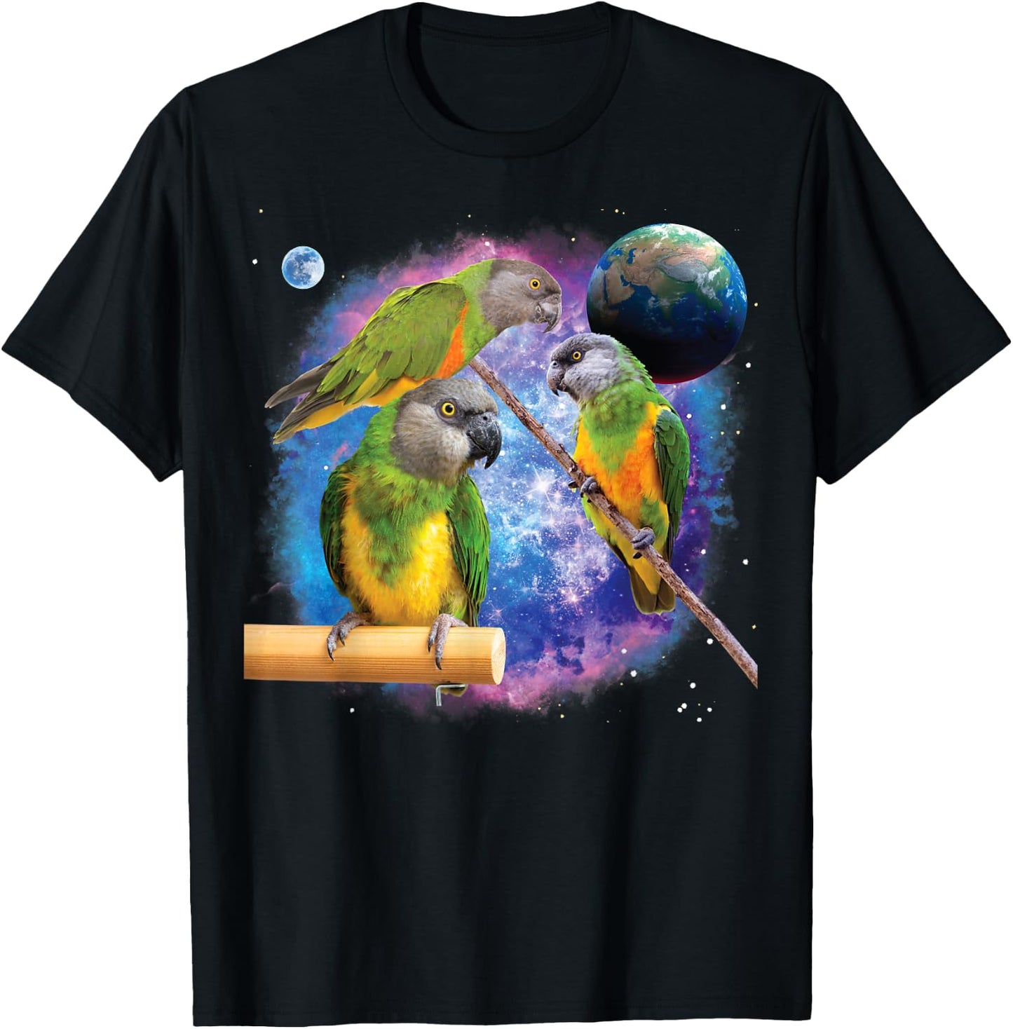 Senegal Parrots In Space, Funny Senegal Parrot T-Shirt - T-Shirt | Black