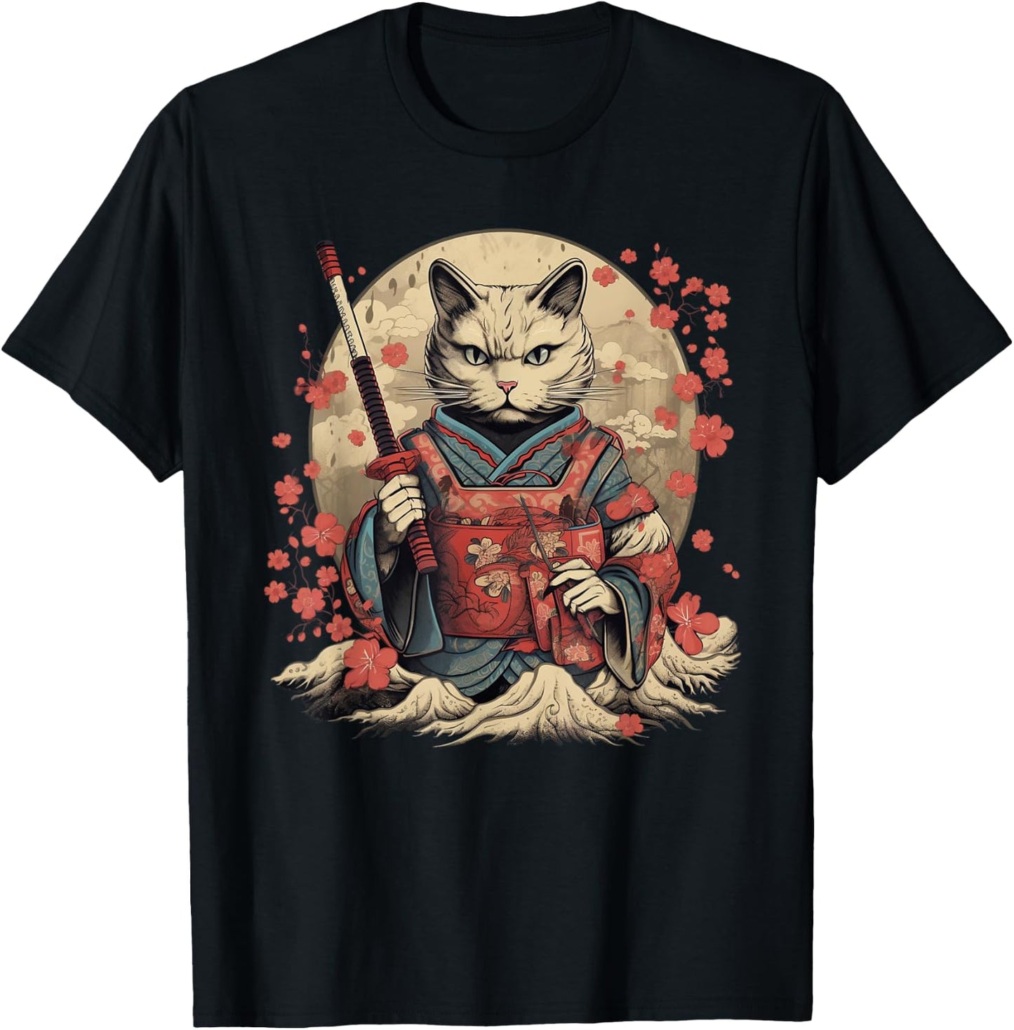 Vintage Japanese Samurai Ninja Cat Tattoo Kawaii T-Shirt - T-Shirt | Black