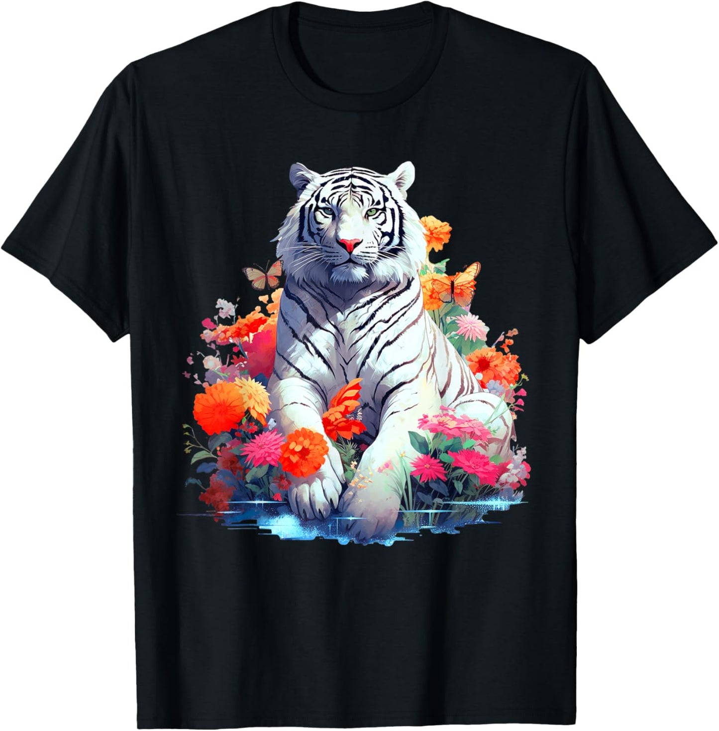Tiger in White - Flower Art - Animal Art Tiger T-Shirt - T-Shirt | Black
