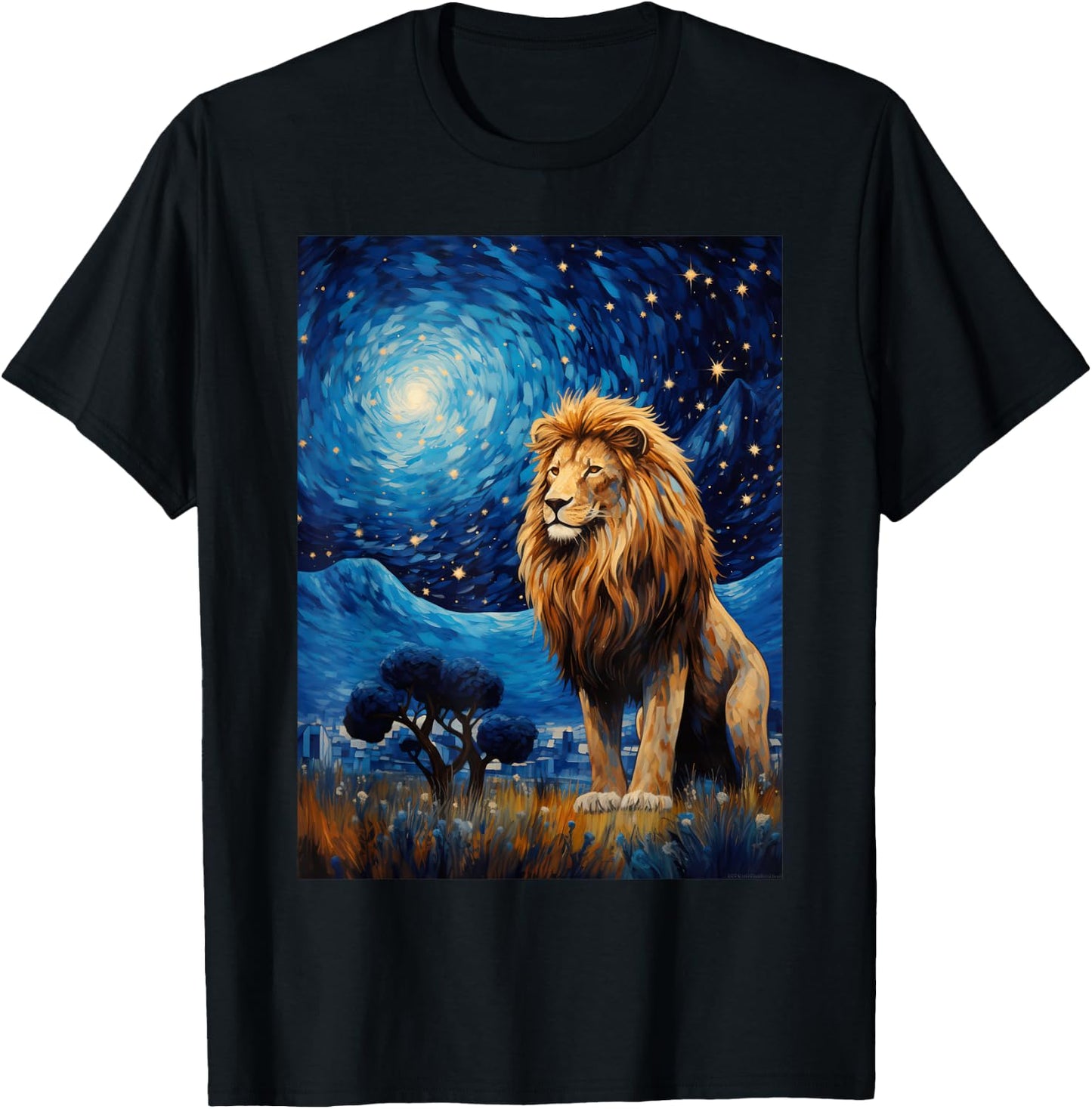 Lion Starry Night Van Gogh Style Graphic T-Shirt - T-Shirt | Black
