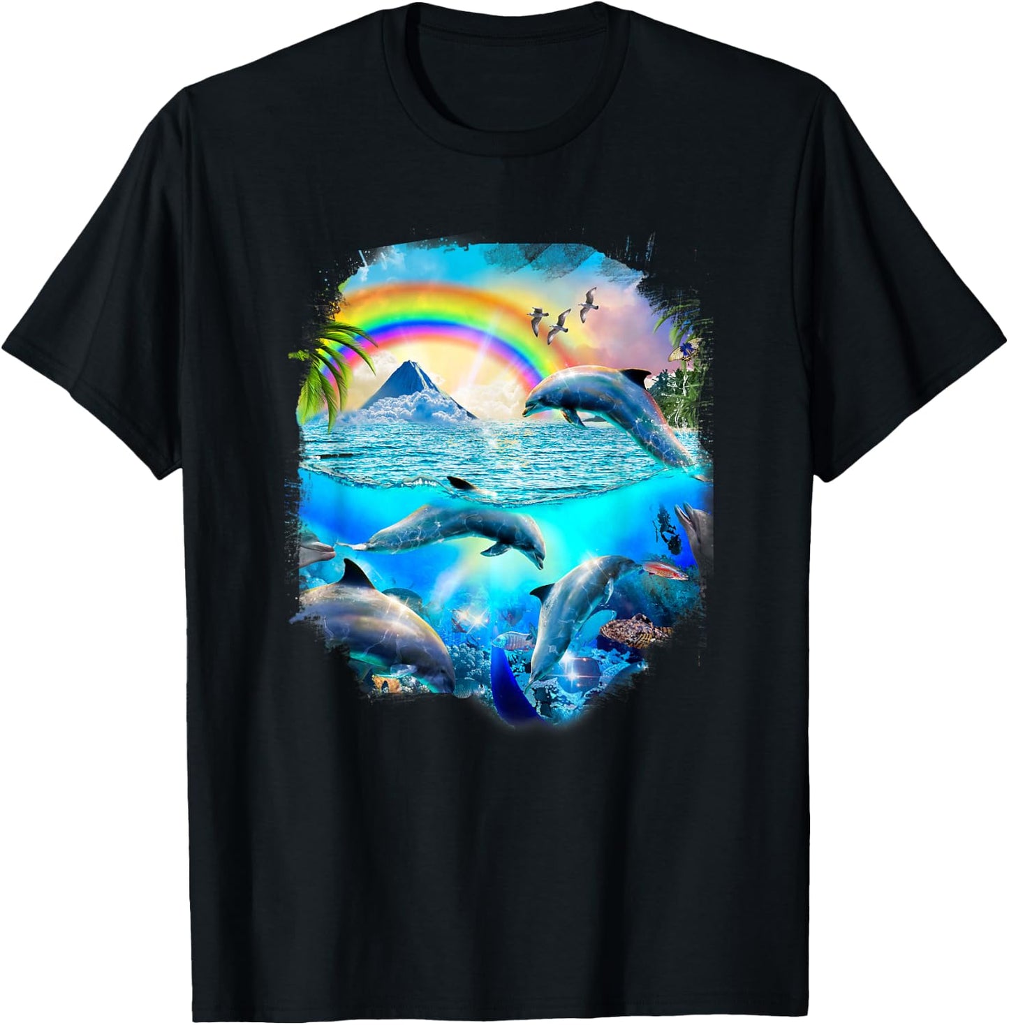 Rainbow Dolphin Tropical Ocean Dolphins T-Shirt - T-Shirt | Black