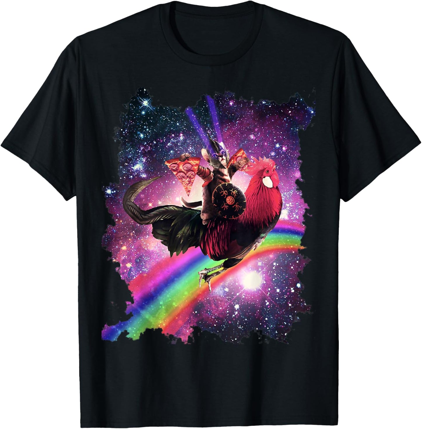 Lazer Warrior Space Cat Riding Chicken with Pizza T-Shirt - T-Shirt | Black