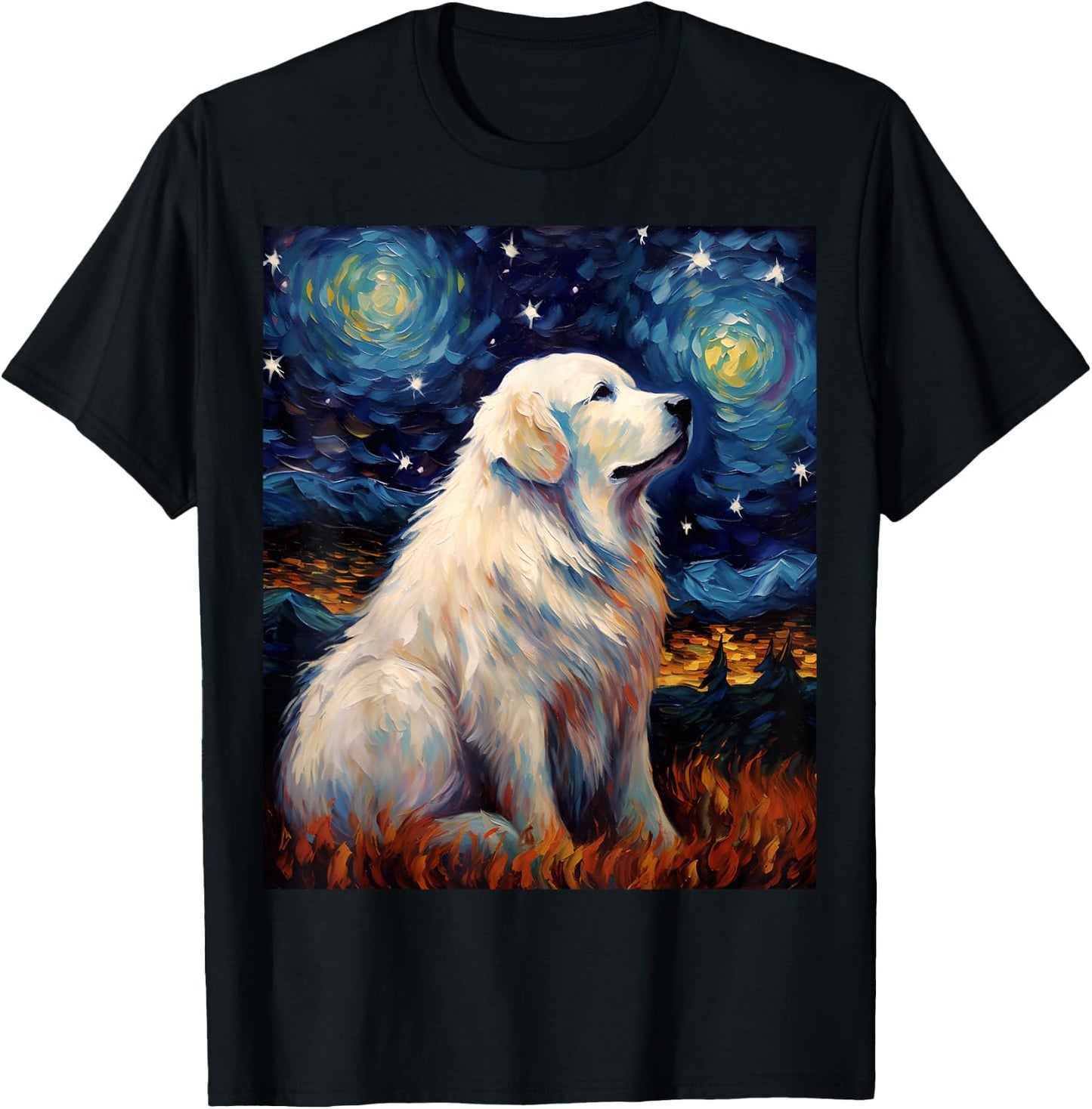 Surreal Starry Night Great Pyrenees Dog T-Shirt - T-Shirt | Black