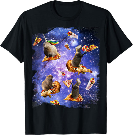 Space Capybara On Pizza Taco, Galaxy Capybaras Funny T-Shirt - T-Shirt | Black