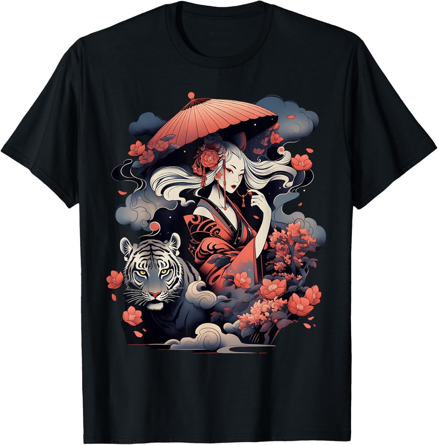 Step Up Your Style Game with This Vibrant Geisha and Tiger T-Shirt - T-Shirt | Black