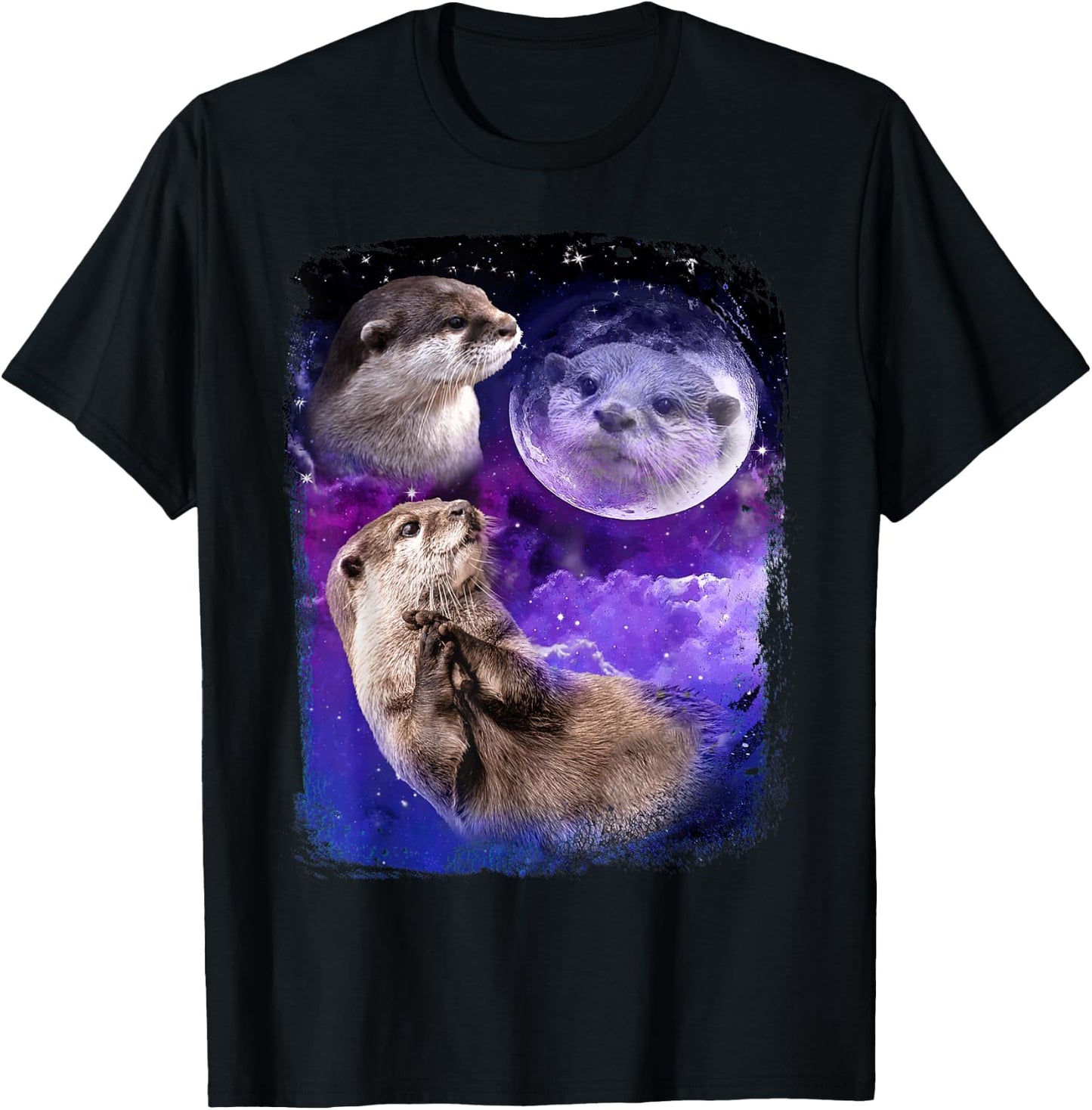 Funny Otter Lover Moon 3 Cute Otters Animals Meme Vintage T-Shirt - T-Shirt | Black