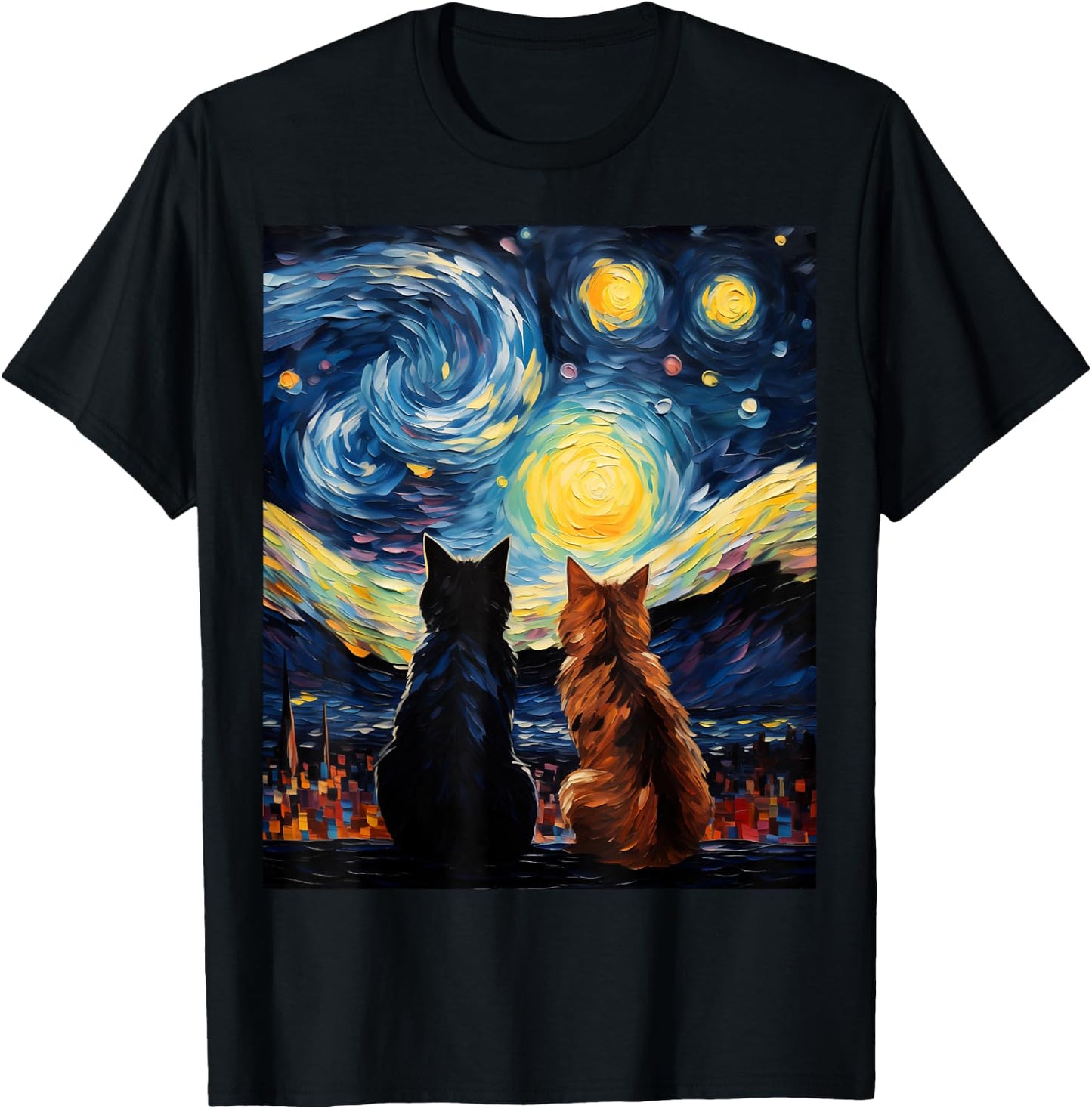 Funny Couples Cats Lover Starry Night Vincent van Gogh Cat Women Girls Kids T-Shirt - T-Shirt | Black