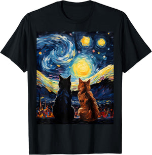 Funny Couples Cats Lover Starry Night Vincent van Gogh Cat Women Girls Kids T-Shirt - T-Shirt | Black