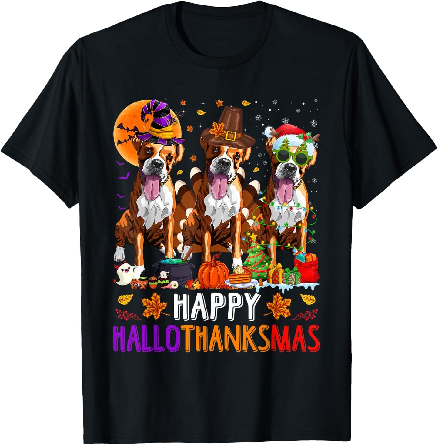 Happy Hallothanksmas Boxer Dog Halloween Christmas T-Shirt - T-Shirt | Black