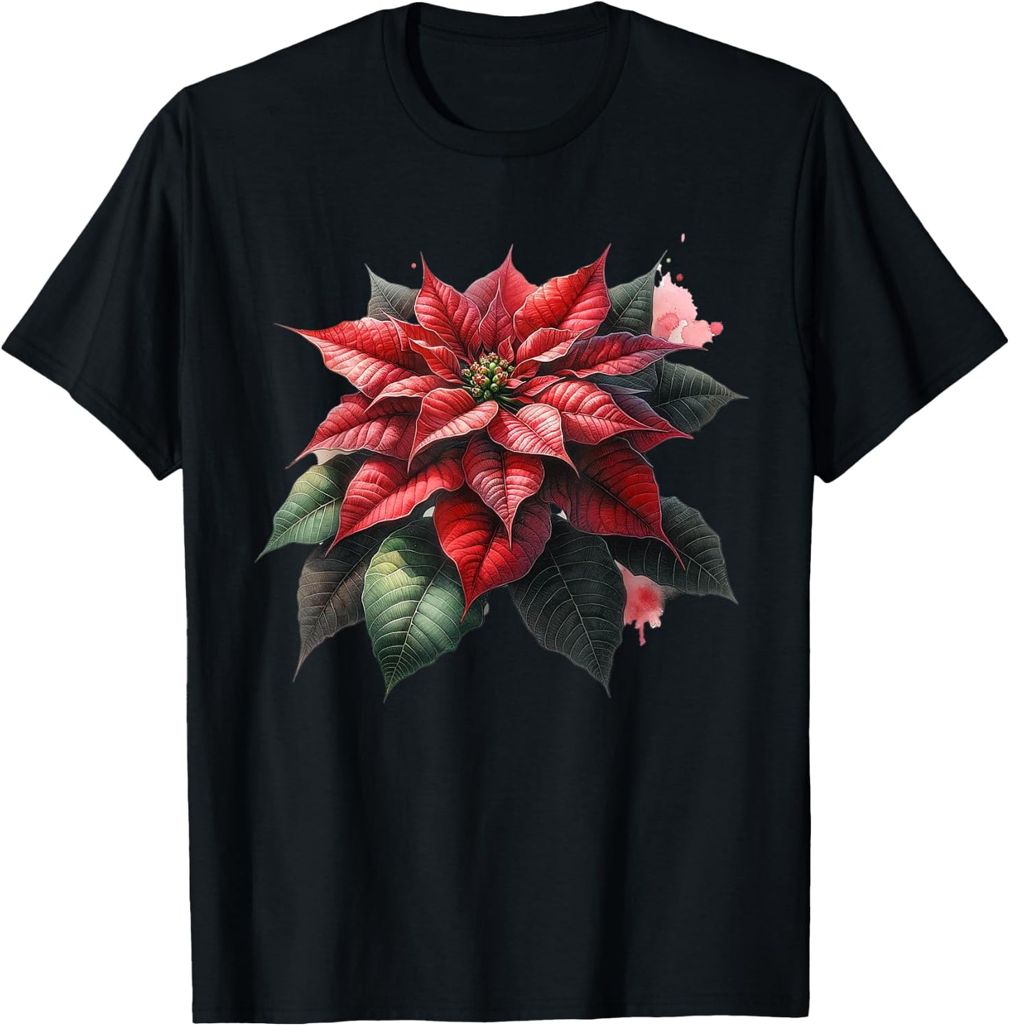 Poinsettia Watercolor Flower Holiday Christmas Graphics T-Shirt - T-Shirt | Black