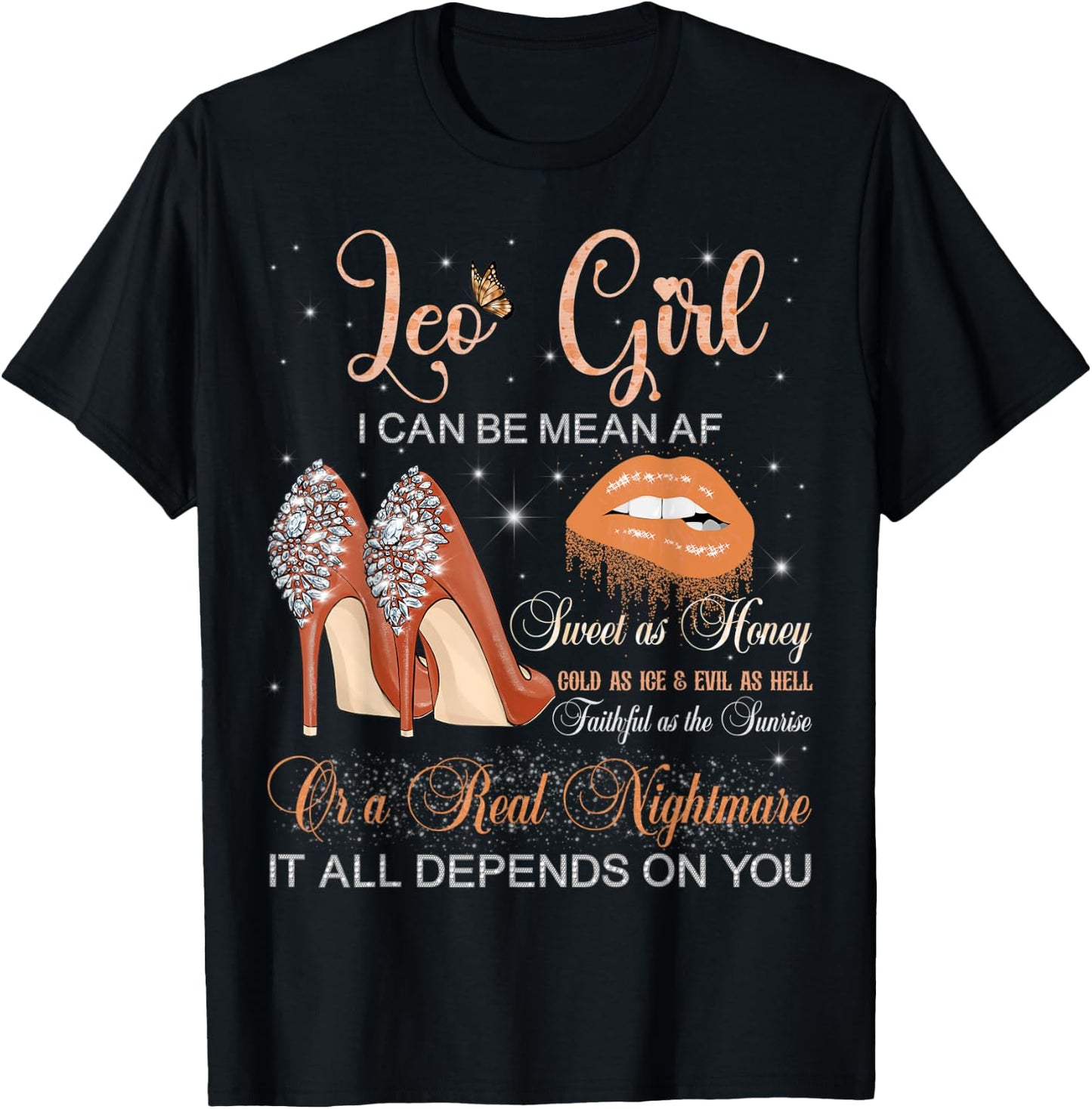 Leo Girl Zodiac Birthday High Heels Dripping Lips Butterfly T-Shirt - T-Shirt | Black