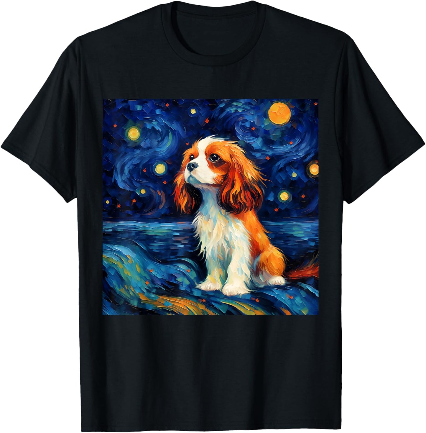 Surreal Starry Night Cavalier King Charles Spaniel Dog T-Shirt - T-Shirt | Black