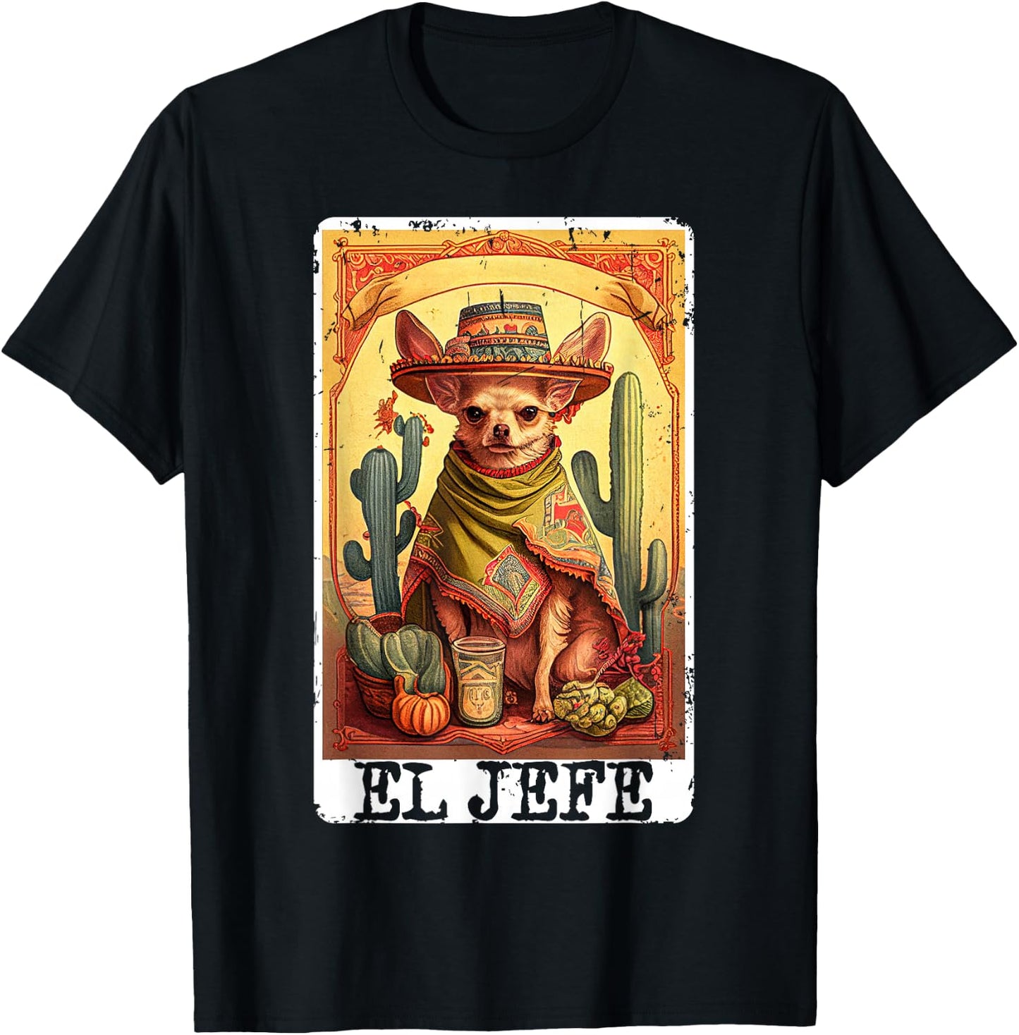 Funny Cinco De Mayo Chihuahua El Jefe Mexican Tarot Card T-Shirt - T-Shirt | Black