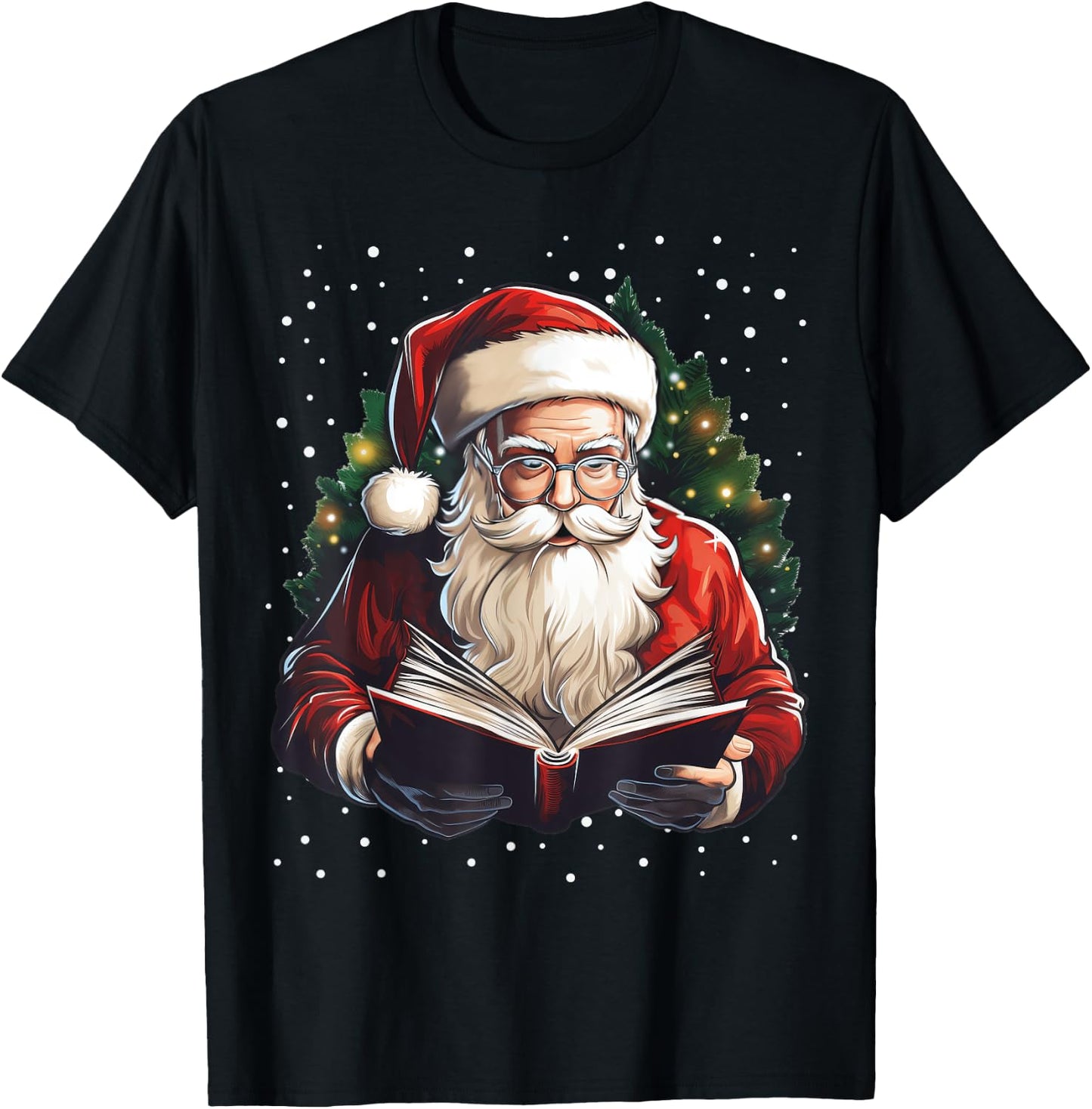 Santa Reading Book Bookworm Reader Bookish Christmas Tree T-Shirt - T-Shirt | Black
