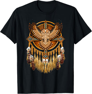 Owl Colorful Dreamcatcher Feathers Tribal Native American T-Shirt - T-Shirt | Black