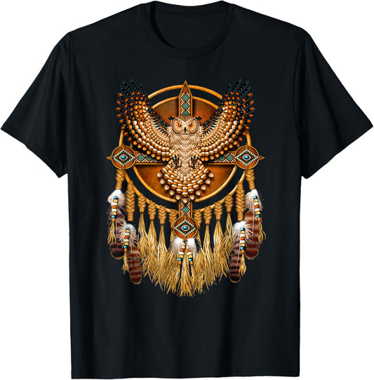 Owl Colorful Dreamcatcher Feathers Tribal Native American T-Shirt - T-Shirt | Black