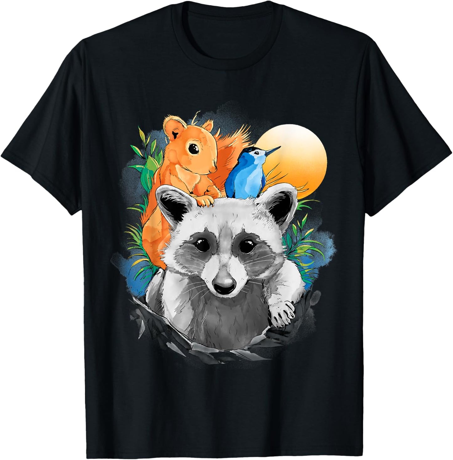 Raccoon Squirrel Animal Print Bird Design Animals T-Shirt - T-Shirt | Black