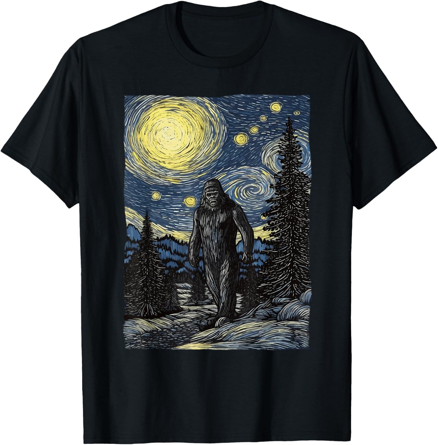 Bigfoot Starry Night Sasquatch Van Gogh Painting Art T-Shirt - T-Shirt | Black