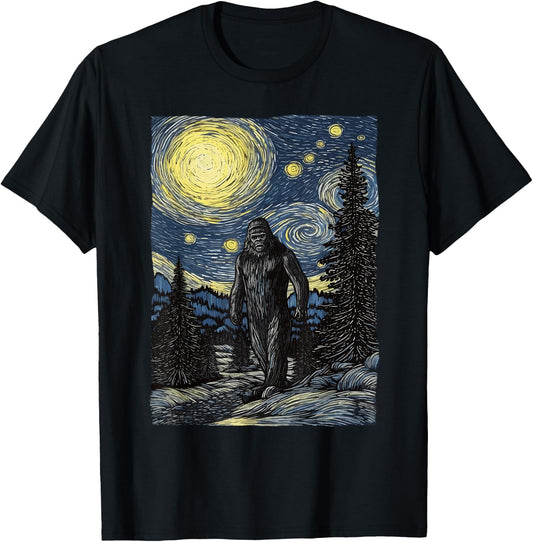 Bigfoot Starry Night Sasquatch Van Gogh Painting Art T-Shirt - T-Shirt | Black
