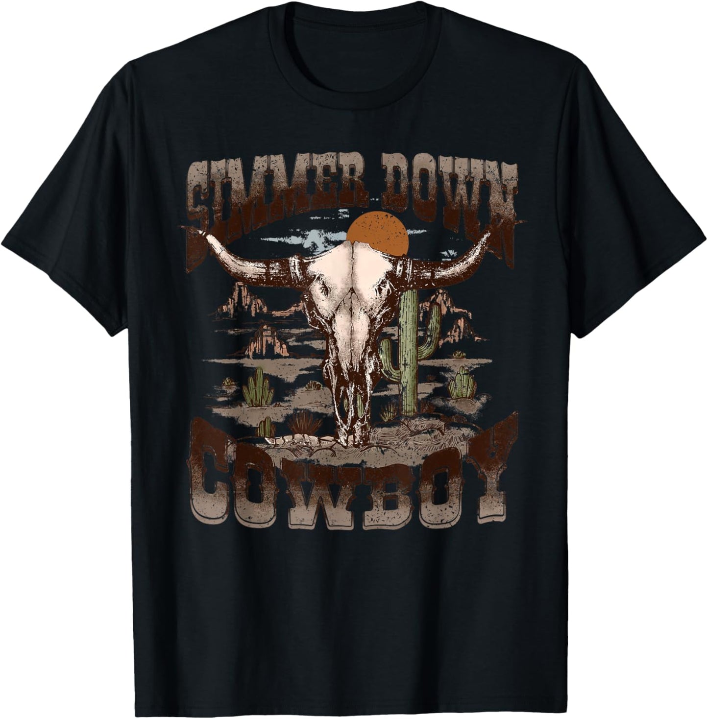 Vintage Simmer Down Cowboy Bull Skull Western Graphic T-Shirt - T-Shirt | Black