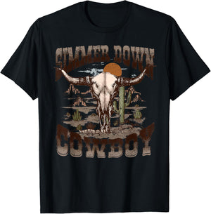Vintage Simmer Down Cowboy Bull Skull Western Graphic T-Shirt - T-Shirt | Black