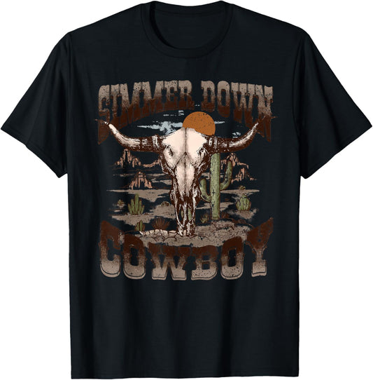 Vintage Simmer Down Cowboy Bull Skull Western Graphic T-Shirt - T-Shirt | Black