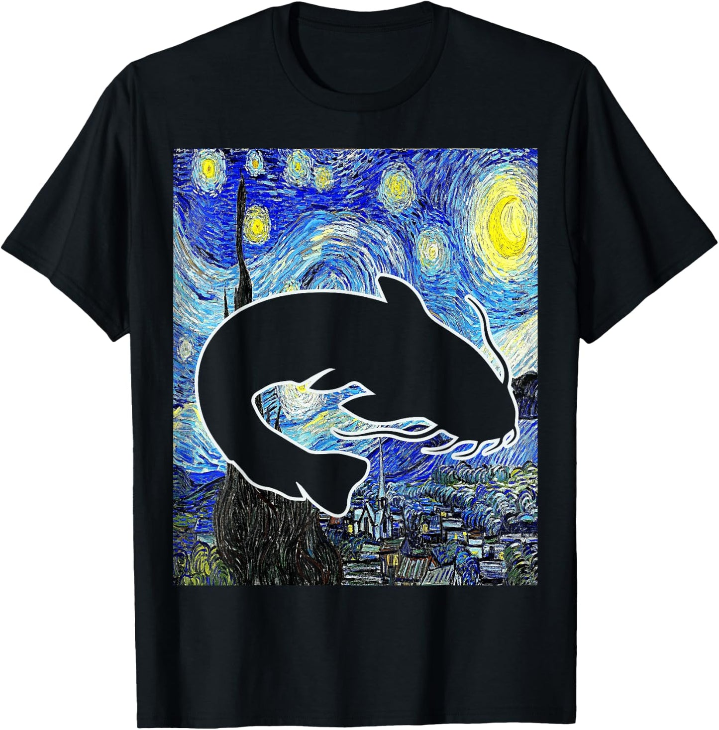 Catfish Starry Night Catfish Fishing Van Gogh Painting T-Shirt - T-Shirt | Black