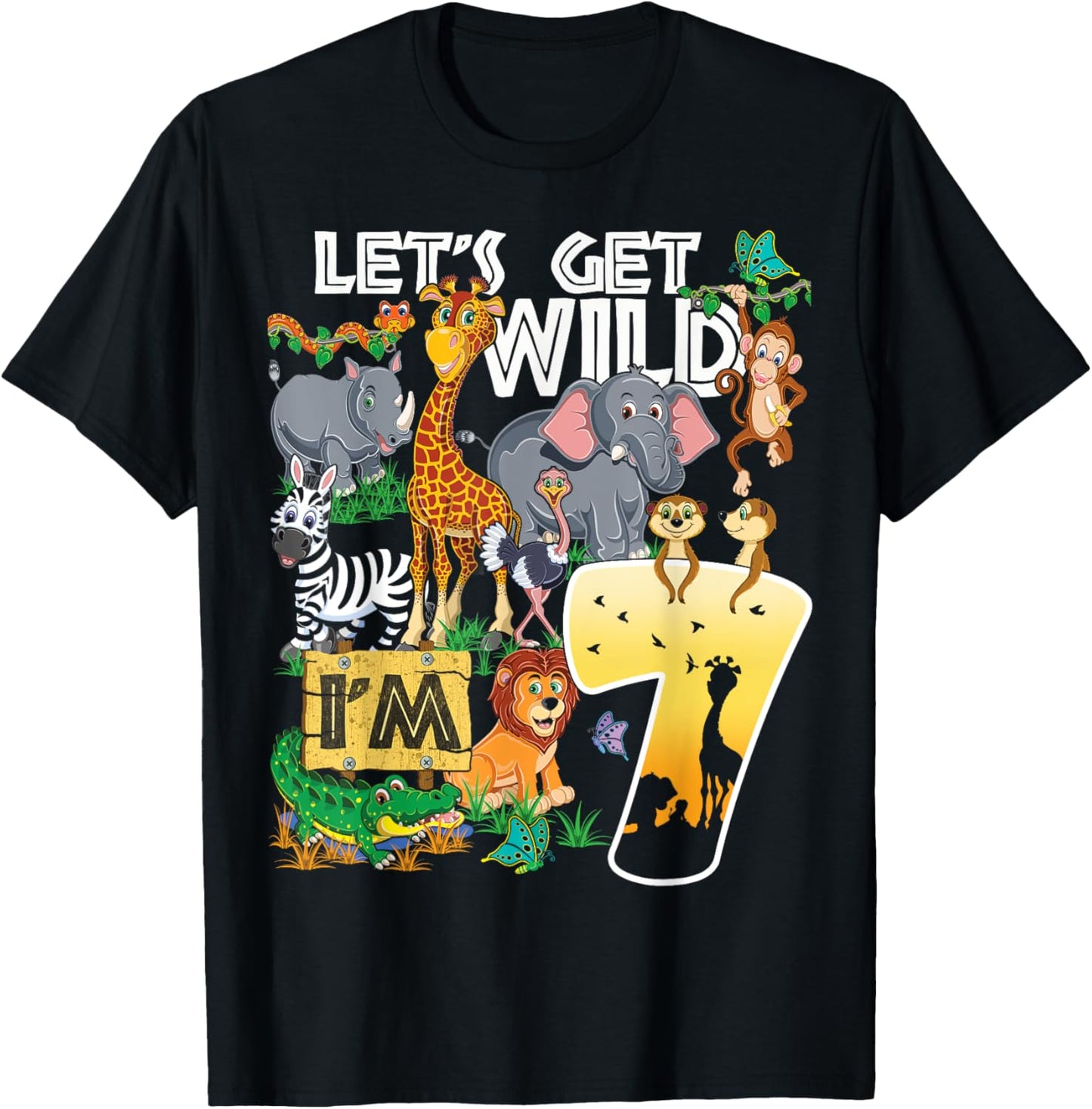 Kids Safari Zoo 7th Birthday Party Let's Get Wild I'm 7 T-Shirt - T-Shirt | Black