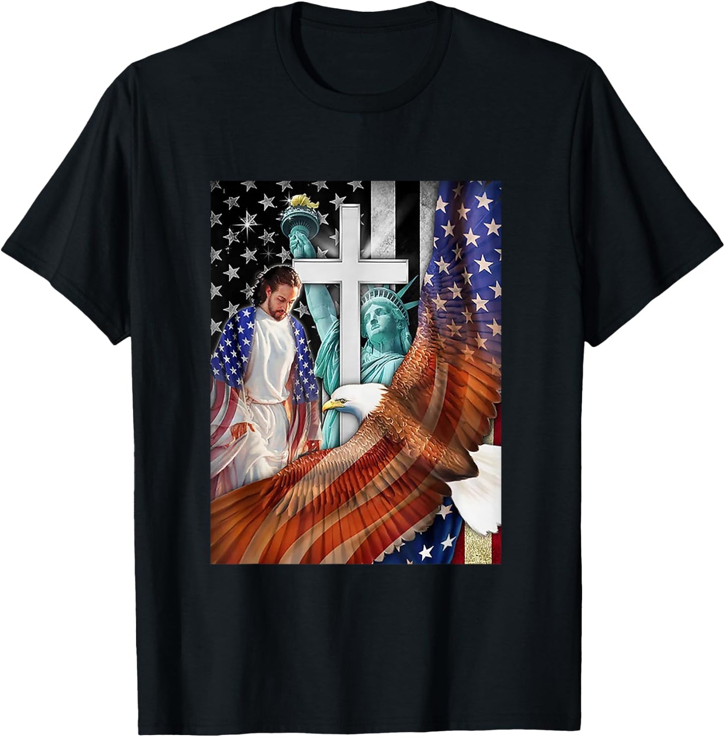Bald Eagle with Jesus Christ and American Flag Women Kids Men T-Shirt - T-Shirt | Black