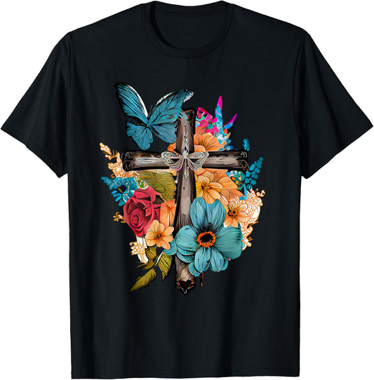 Jesus Cross Butterfly Flower Christian Faith Motivation T-Shirt - T-Shirt | Black